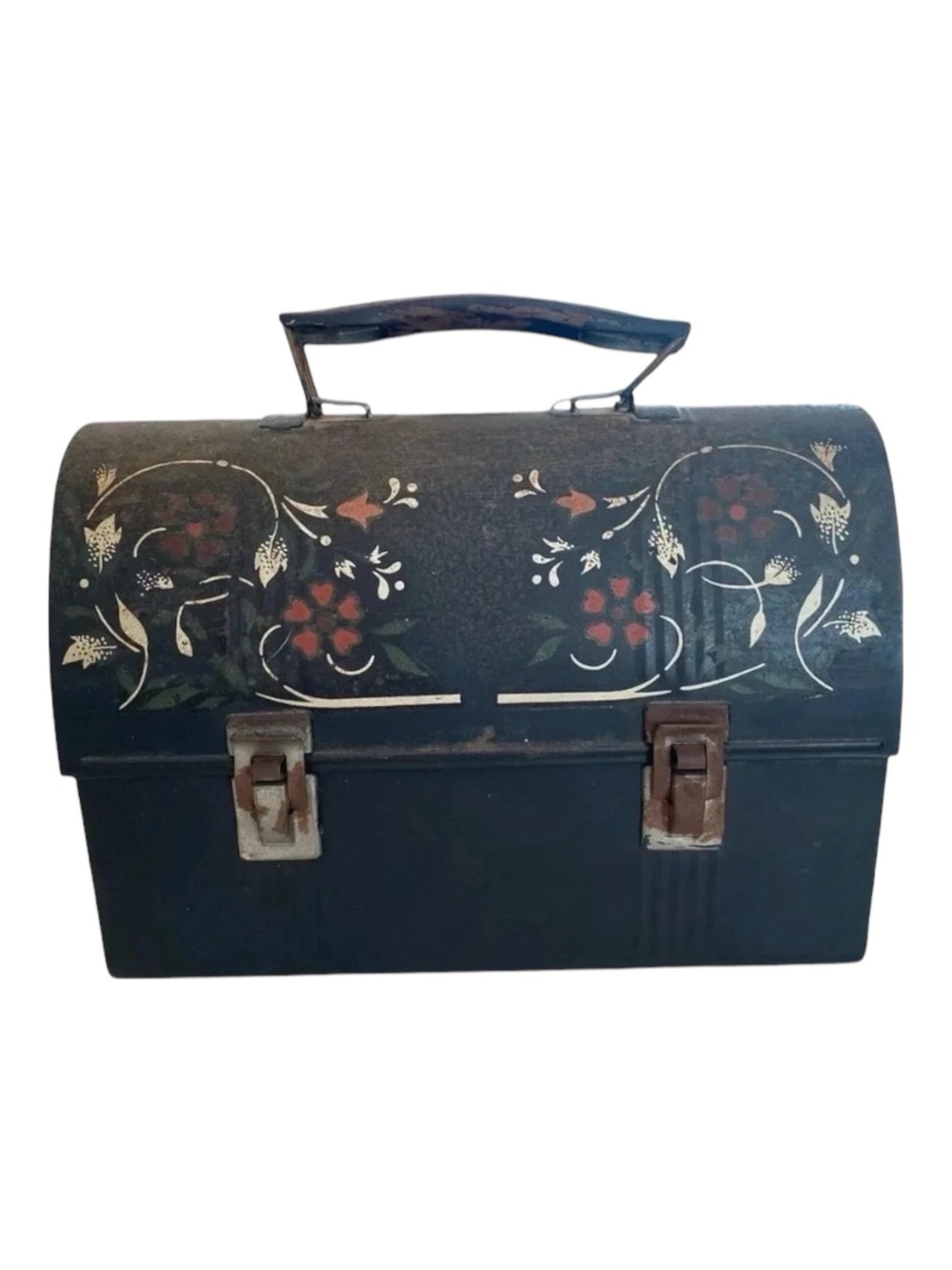 Antique Painted Metal 1950s Lunchbox Black No Thermos American Vintage Made USA